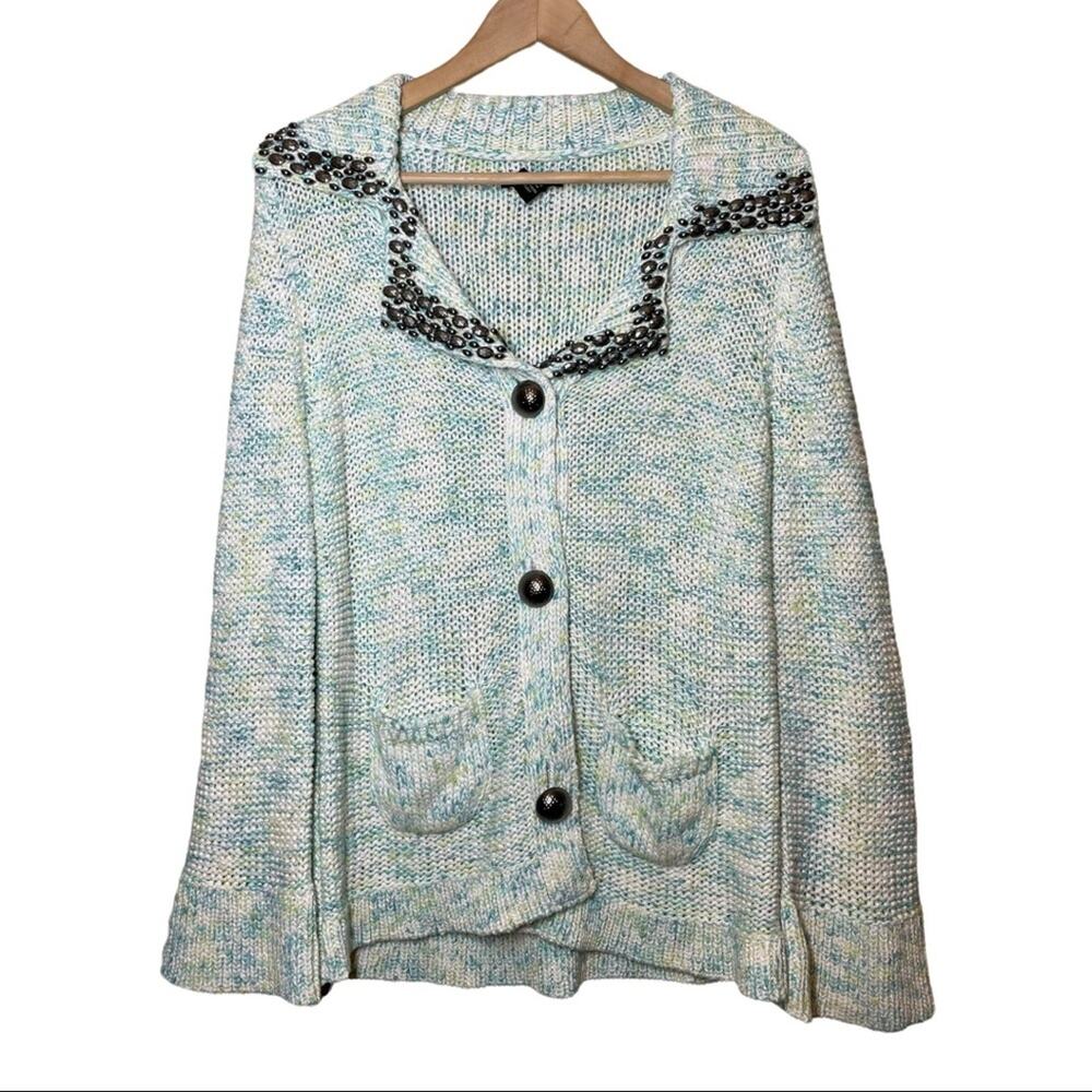BCBGMaxazria Metallic Beaded Cardigan Sweater XL Blue Collard